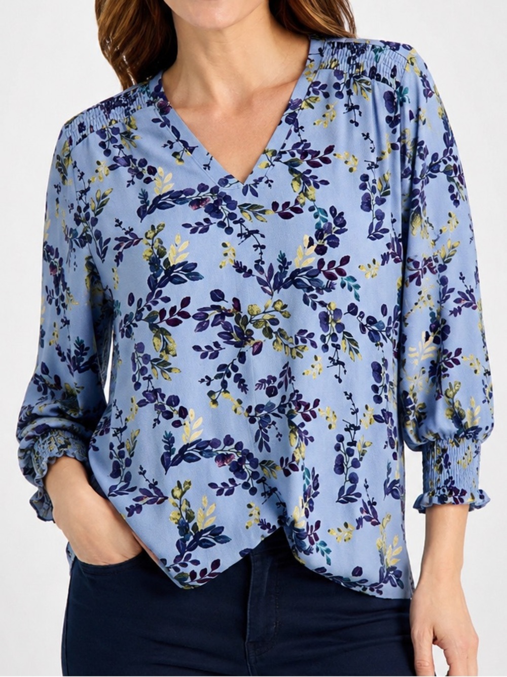 Denim & Co. Printed Heavenly Jersey V-Neck Top in Blue Haze